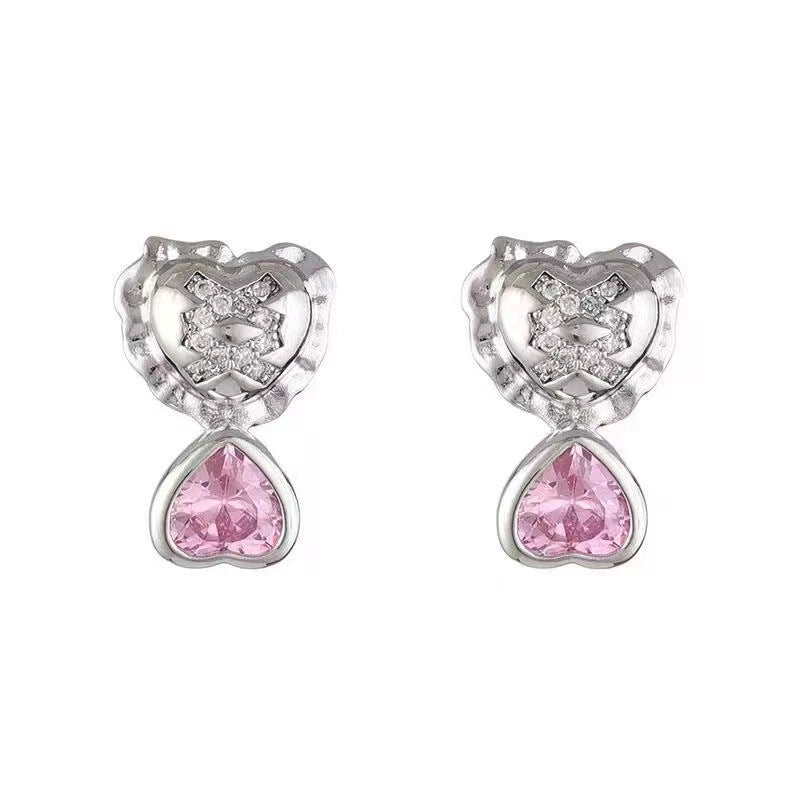 Wholesale Pink Diamond Sweet Cool Double Heart Alloy Earrings